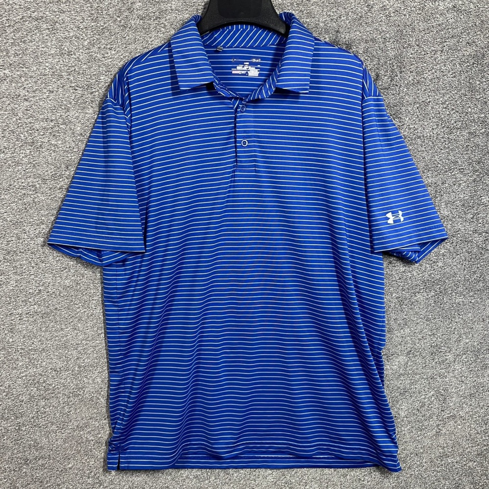 Under Armour‎ Mens Blue White Striped HeatGear Golf Polo Shirt Size Large Loose